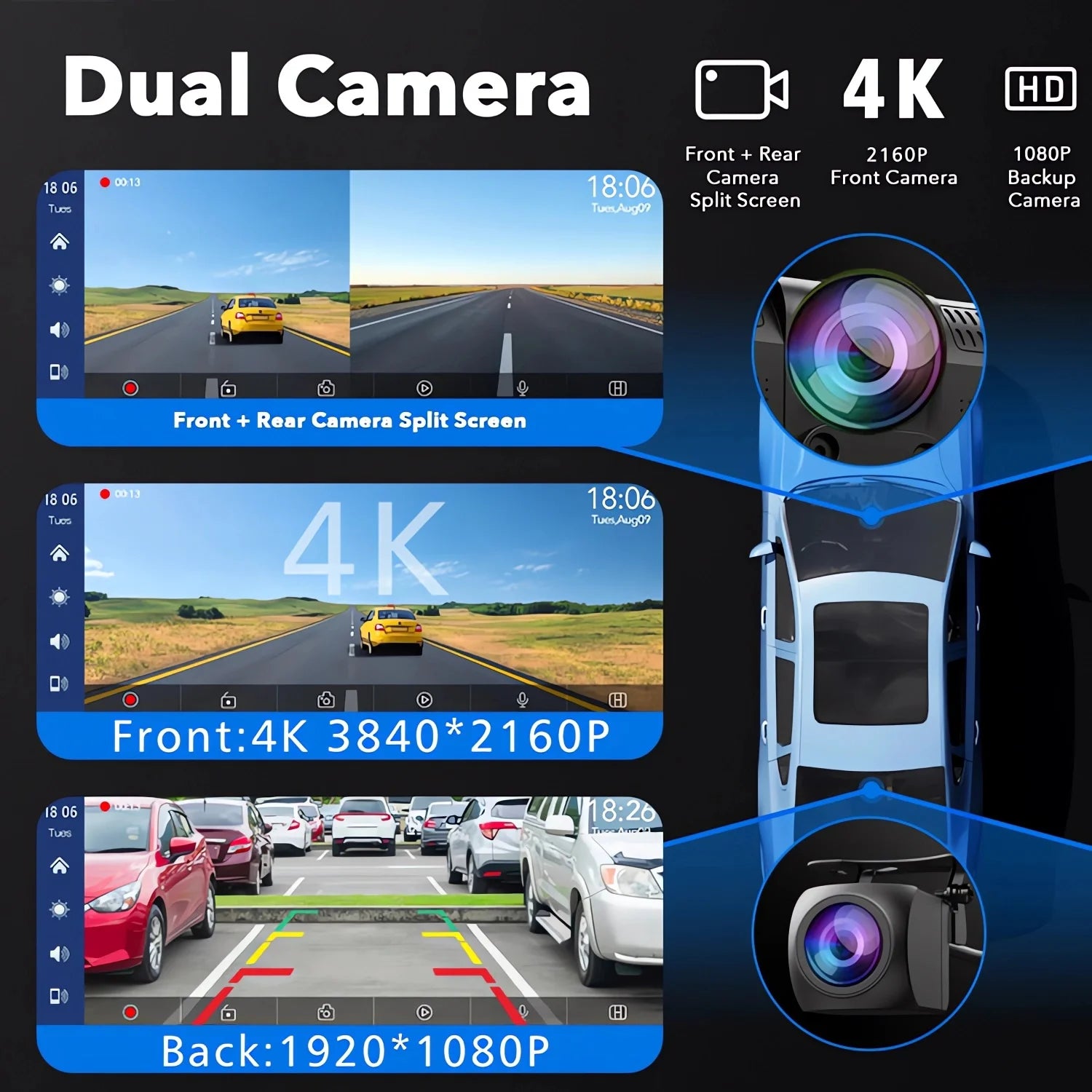 10.26 Inch Car Dvr UHD 4K 3840*2160P Carplay Android Auto Dash Cam GPS 5G WIFI FM BT Dual Lens Camera Dashcam Drive Recorder