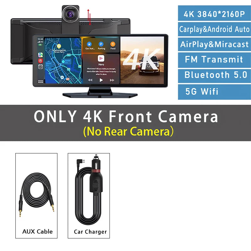 10.26 Inch Car Dvr UHD 4K 3840*2160P Carplay Android Auto Dash Cam GPS 5G WIFI FM BT Dual Lens Camera Dashcam Drive Recorder