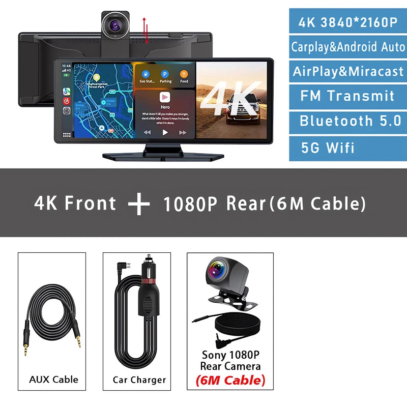 10.26 Inch Car Dvr UHD 4K 3840*2160P Carplay Android Auto Dash Cam GPS 5G WIFI FM BT Dual Lens Camera Dashcam Drive Recorder