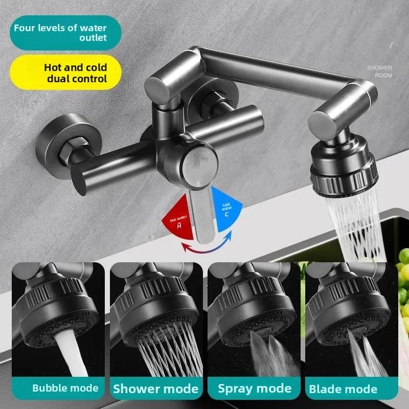 4 Mode Stainless Steel Wall Mounted Kitchen Faucet Bathroom Kitchen Sink Washbasins Cold Hot Water Mixer Tap 360 Degree