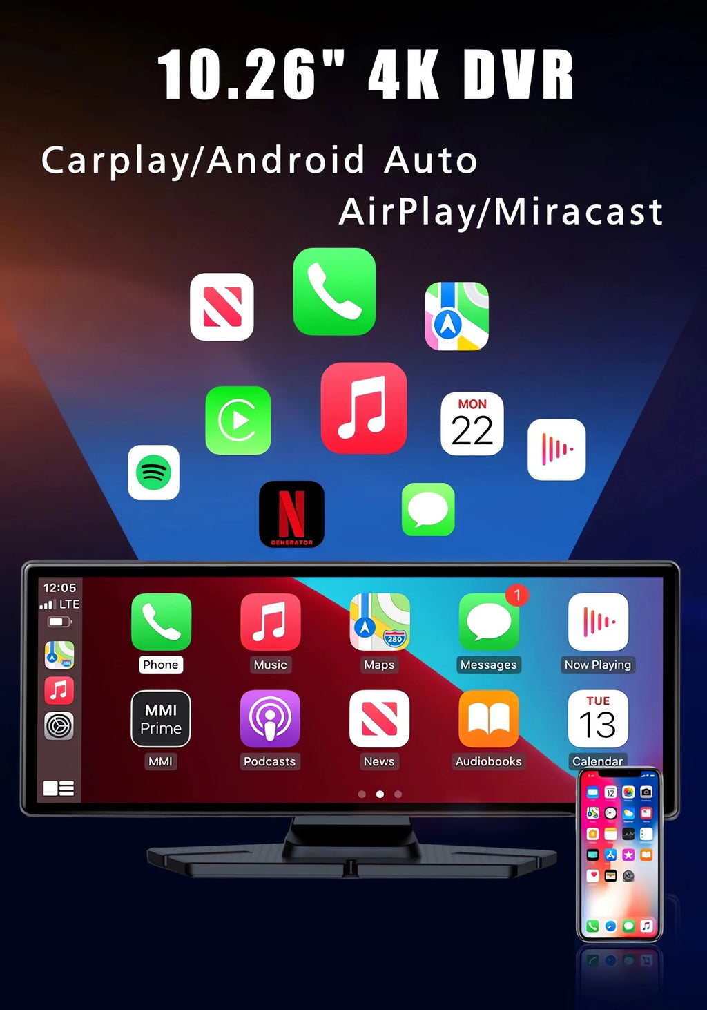 10.26 Inch Car Dvr UHD 4K 3840*2160P Carplay Android Auto Dash Cam GPS 5G WIFI FM BT Dual Lens Camera Dashcam Drive Recorder