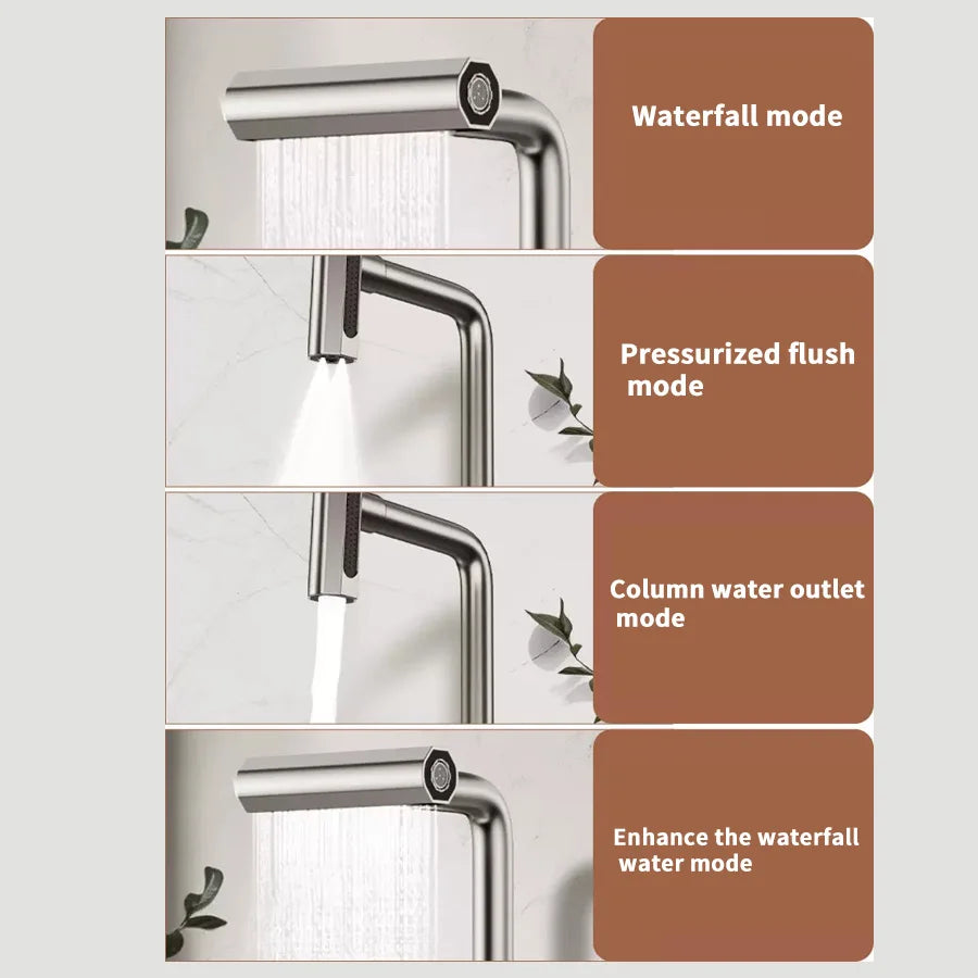 Stainless Steel Kitchen Faucet with 4 Water Flow Modes - 360° Rotating Ceramic Valve, Brushed Finish, Hot & Cold Water Control f