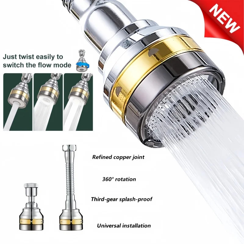 3 Modes Adjustable Brass Kitchen Faucet Aerator Stainless Steel Extender Splashproof Pressure Boosting 360° Swivel Spray Head