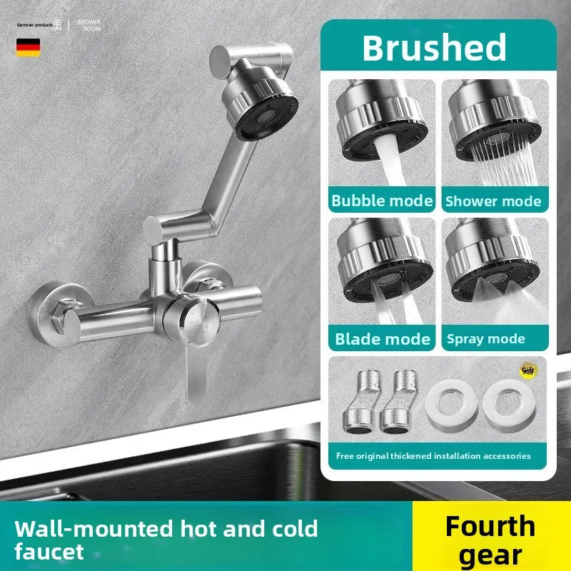 4 Mode Stainless Steel Wall Mounted Kitchen Faucet Bathroom Kitchen Sink Washbasins Cold Hot Water Mixer Tap 360 Degree