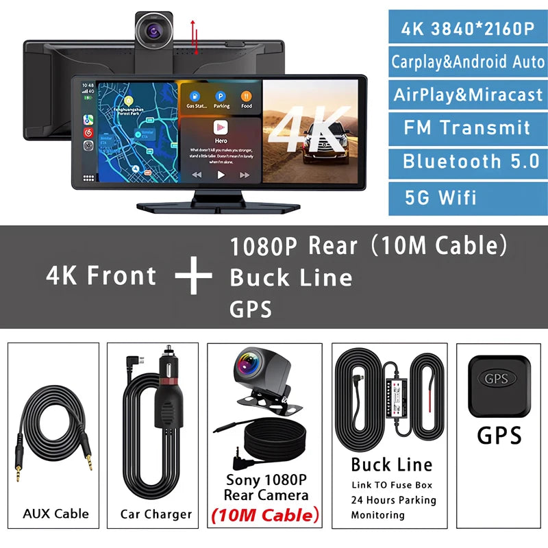 10.26 Inch Car Dvr UHD 4K 3840*2160P Carplay Android Auto Dash Cam GPS 5G WIFI FM BT Dual Lens Camera Dashcam Drive Recorder